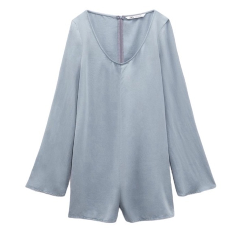 Zara Blue Romper Size S Slate Minimalist Playsuit Long Sleeve Zip Back NWT Small